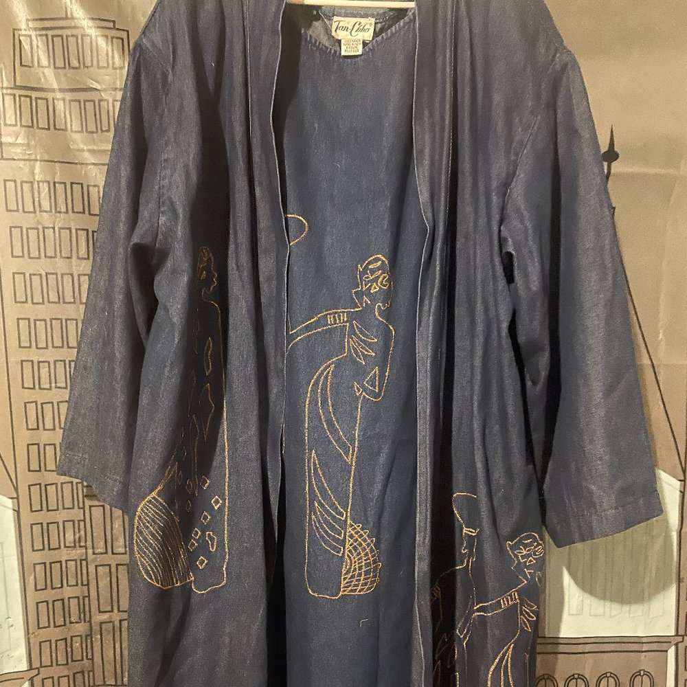 Incredible 80's Volup Dark Denim Tribal Women Dress With Long Jacket Set